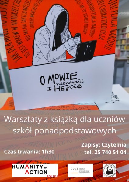 postać w bluzie z kapturem przegląda ttefefon, przed nią laptop wokół głowy koncentryczne napisy /cytaty z mowy nienawiści