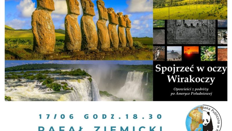 fotgrafie z podróży po Ameryce Południowej, wodospad, rzeżby góry logo biblioteki globus i panda