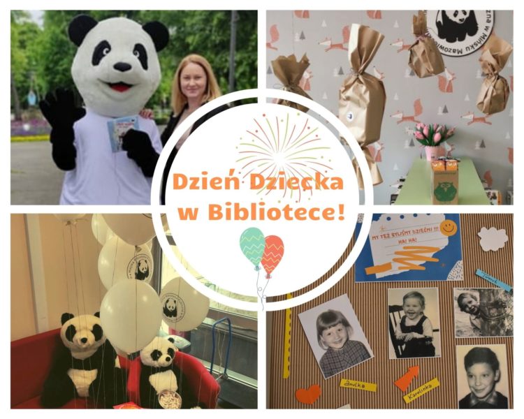 kolaż zdjęć dyrektor biblioteki z wielka maskotką pandą, prezenty, balony, fotografie bibliotekarzy w dzieciństwie