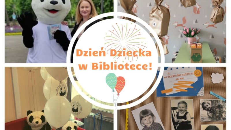kolaż zdjęć dyrektor biblioteki z wielka maskotką pandą, prezenty, balony, fotografie bibliotekarzy w dzieciństwie