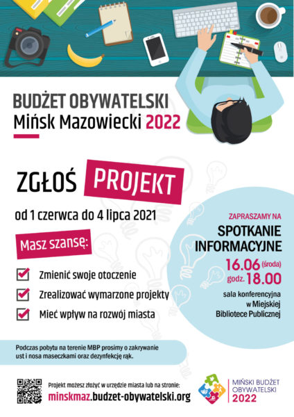 plakat informacyjny o Budżecie Obywatelskim naszego miasta rysunek człowiek przy biurku zapisuje coś w kalendarzu