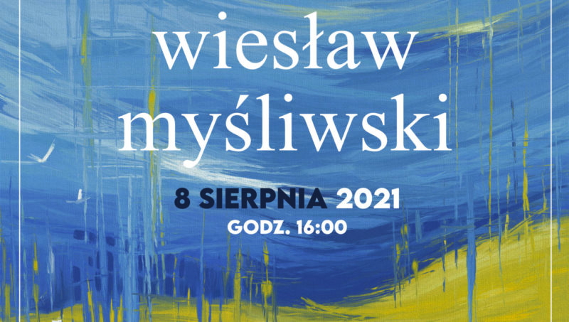 niebiesko zlóty plakat niebo i łany zbóż logao alei gwiazd literatury Wiesłaz Myśliwski