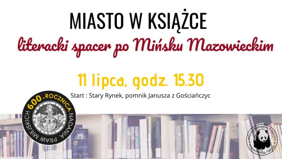 półka z książkai, logo 600lat miasta i tytuł Miasto w książce - spacer literacki