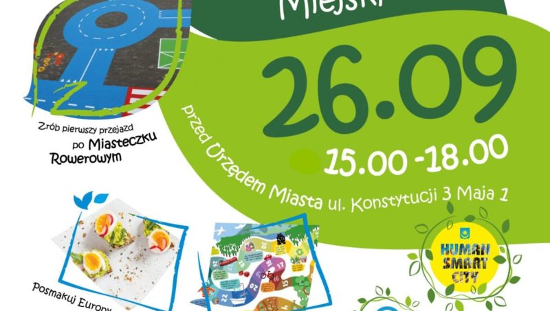 reklama pikniku miejskiego obrazki przedstawiające rózne aktywności bule, jedzenie, rysunek miasteczka rowerowego,autobus elektryczny, hulajnoga,logo 600 drzew