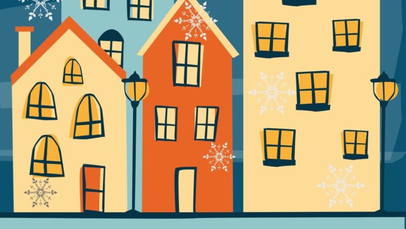 grafika z kolorowymi domkami i padającym śniegiem