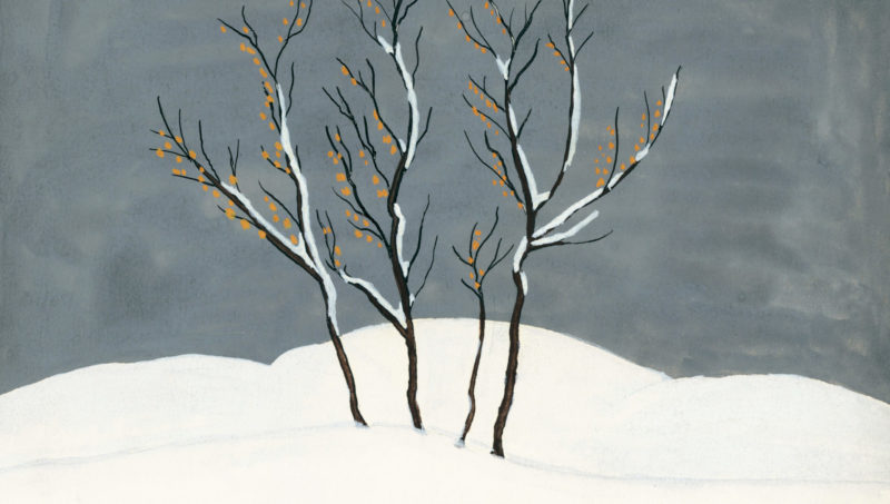akwarela szare niebo ziemia pokryta sniegiem na śrdoku krzew czrne gałęzie ze śniegiem drobne gałązki lekko rożświetlone