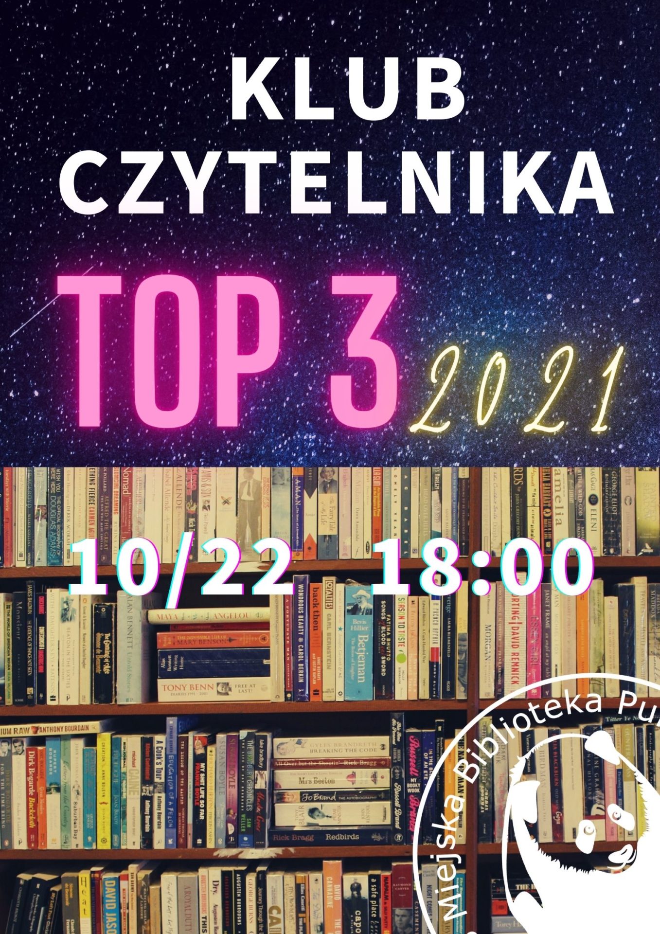 półki z książkami w tle i logo biblioteki neonowy napis top 3 2021