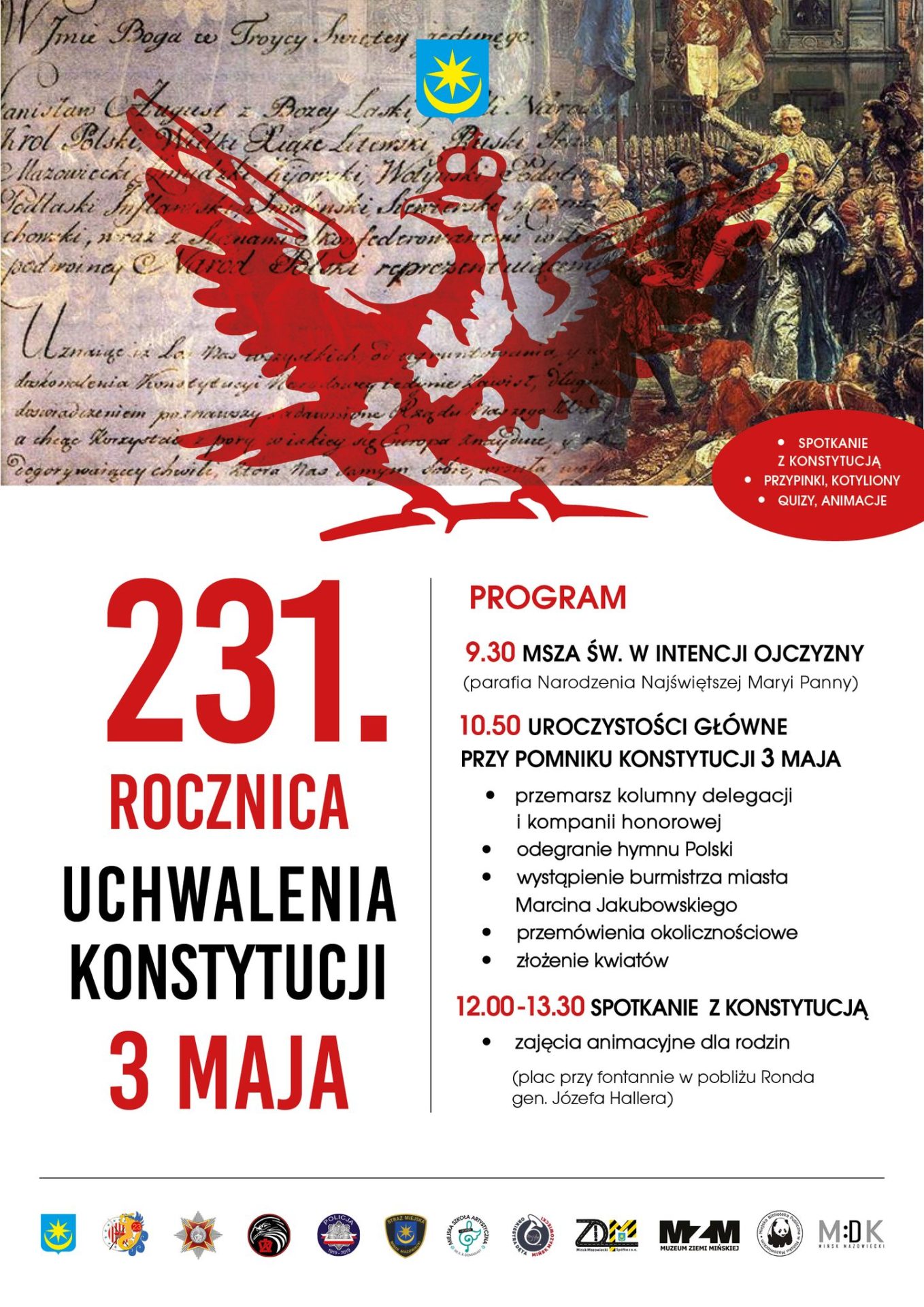 rękopis konstytucji grafik czerwony orzeł i obraz Jana Matejki
