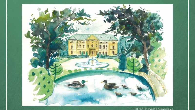 ilustracja akwarelowa staw kaczki w tle pałac wszystko w w zielonych drzewach