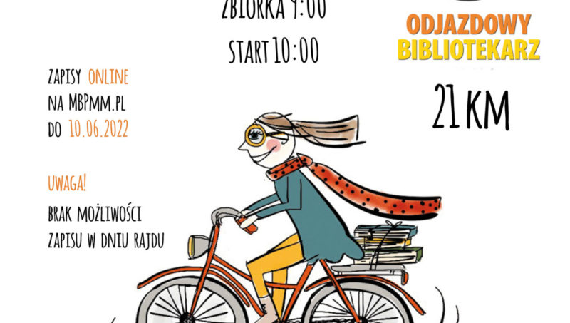 kolorowa ilustracja rowerzystka w szliku z książkami na bagażniku