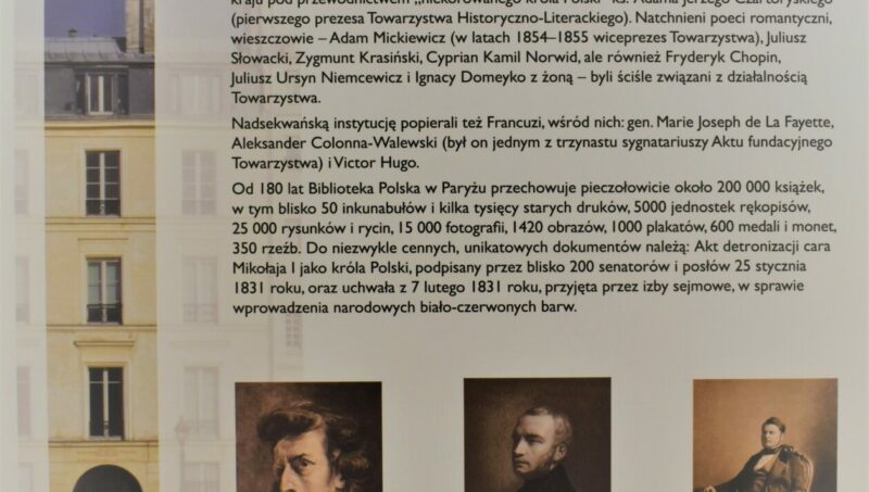 zdjęcie biblioteki polskiej w paryzu oraz portrety m.in. Chopina, Krasińskiego
