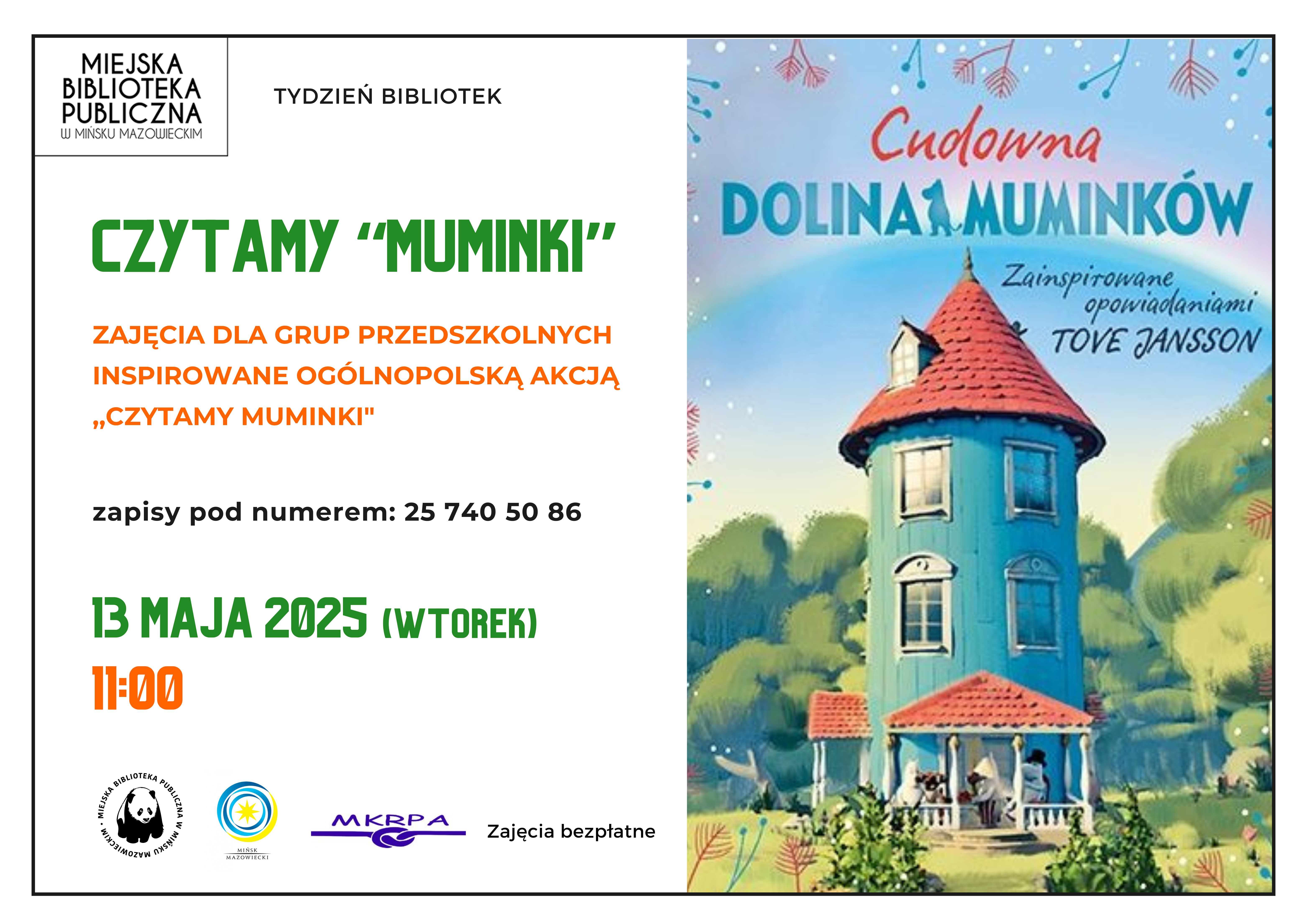 Czytamy "Muminki" - zajęcia dla grup przedszkolnych, 13 maja, godz. 11:00