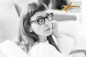 XI Gala Alei Gwiazd Literatury - portret Magdaleny Grzebałkowskiej i logo Alei Gwiazd Literatury