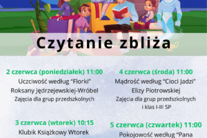 1-7 czerwca to Ogólnopolski Tydzień Czytania Dzieciom! Z tej okazji zapraszamy na wydarzenia: 2 czerwca (poniedziałek) 11:00 Uczciwość według “Florki” Roksany Jędrzejewskiej-Wróbel (zajęcia dla grup przedszkolnych) 3 czerwca (wtorek) 10:15 Klubik Książkowy Wtorek – “Florka” Roksan Jędrzejewskiej-Wróbel (zajęcia dla dzieci w wieku 1,5-3 lata) 4 czerwca (środa) 11:00 Mądrość według “Cioci Jadzi” Elizy Piotrowskiej (zajęcia dla grup przedszkolnych i klas I-III SP) 5 czerwca (czwartek) 11:00 Pokojowość według “Pana Kuleczki” Wojciecha Widłaka (zajęcia dla grup przedszkolnych i klas I-III SP)