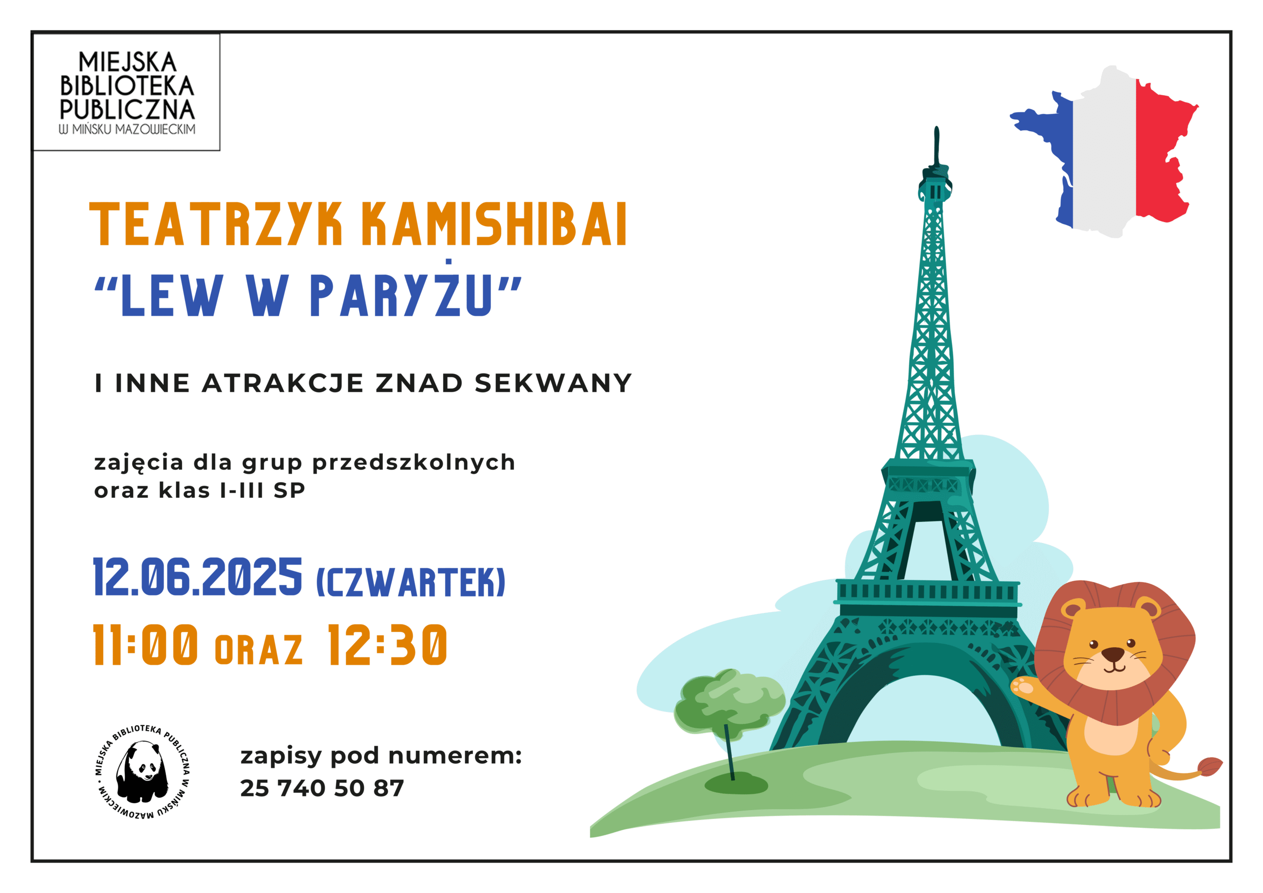 12.06, 11:00 i 12:30 - Teatrzyk Kamishibai "Lew w Paryżu", zajęcia dla przedszkoli i kl. I-III SP, zapisy w Oddziale dla dzieci