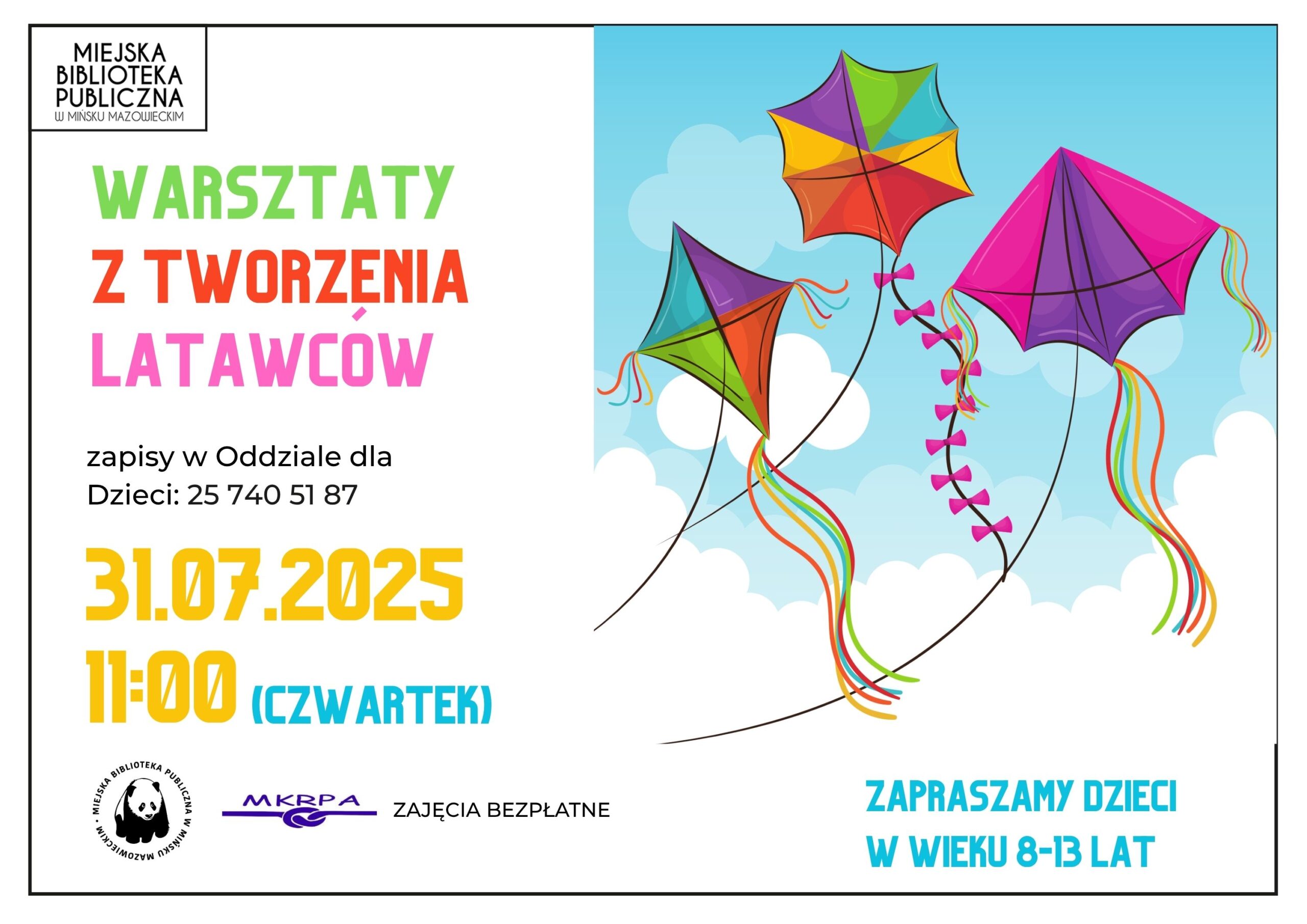 Warsztaty tworzenia latawców dla dzieci w wieku 8-13 lat - 31.07.2025, 11:00, zapisy w Oddziale dla dzieci: 25 740 50 87
