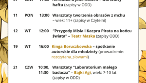 plakat z informacjami o wydarzeniach kulturalnych w bibliotece w sierpniu; w tle grafika ze słonecznikami
