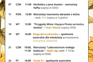 plakat z informacjami o wydarzeniach kulturalnych w bibliotece w sierpniu; w tle grafika ze słonecznikami