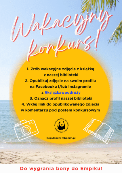 plakat z informacjami o konkursie, w tle zdjęcie przedstawiające plażę, morze i niebo oraz fragment palmy.