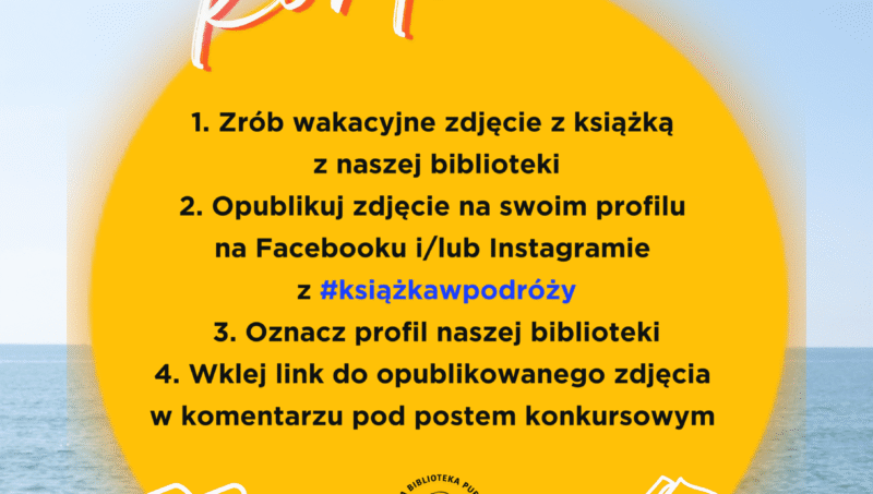 plakat z informacjami o konkursie, w tle zdjęcie przedstawiające plażę, morze i niebo oraz fragment palmy.
