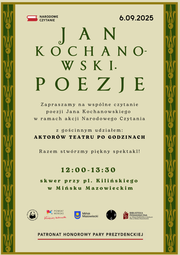 Plakat promujący wydarzenie Narodowe Czytanie poezji Jana Kochanowskiego