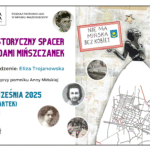 Plakat promujący wydarxenie "Herstoryczny spacer śladami mińszczanek", po lewej stronie informacje o wydarzeniu, po prawej postać kobieca trzymająca tabliczkę z napisem: "Nie ma Mińska bez kobiet". W obszarze spódnicy mapa Mińska z zaznaczonymi ulicami, których patronkami są mińszczanki. Dodatkowo w kółeczkach znajdują się portrety bohaterek spaceru