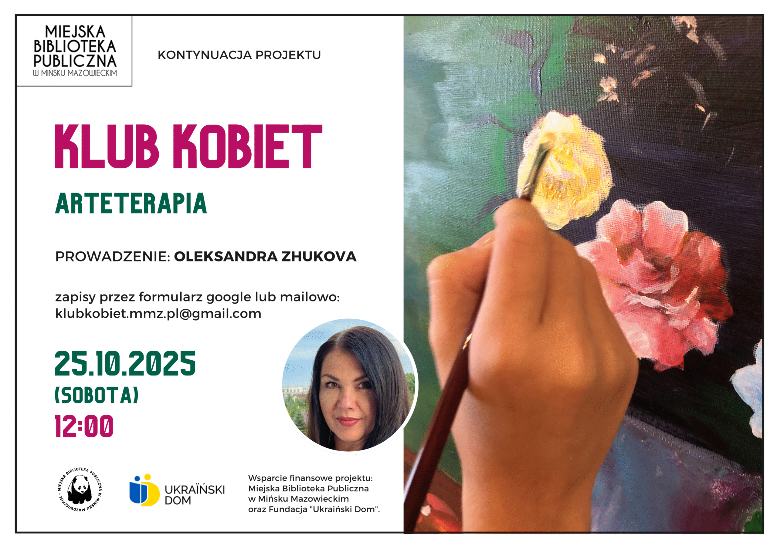 Zapraszamy na kolejne spotkanie Klubu Kobiet 25 października o godzinie 12. Plakat zawiera grafikę malowania obrazu oraz datę i godzinę wydarzenia.