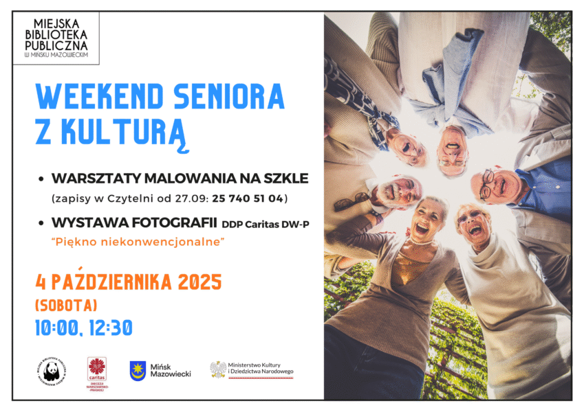 Weekend Seniora z Kulturą w naszej bibliotece już 4 października od godziny 10:00🤩 Zachęcamy do wzięcia udziału w warsztatach malowania na szkole - zapisy w Czytelni: 25 740 51 04 ☎️ Dodatkowo, dzięki Dom Dziennego Pobytu w Mińsku Mazowieckim, będzie możliwość obejrzenia wystawy fotografii "Piękno niekonwencjonalne", której autorami są Maciej Krupa i Michał Ślusarczyk