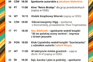 plakat informujący o wydarzeniach kulturalnych w bibliotece w październiku. Dookoła tekstu ramka w jesiennych kolorach