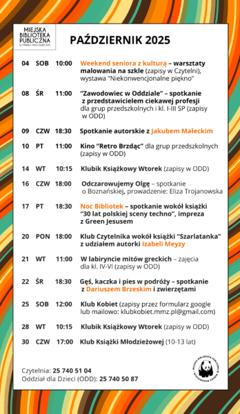 plakat informujący o wydarzeniach kulturalnych w bibliotece w październiku. Dookoła tekstu ramka w jesiennych kolorach