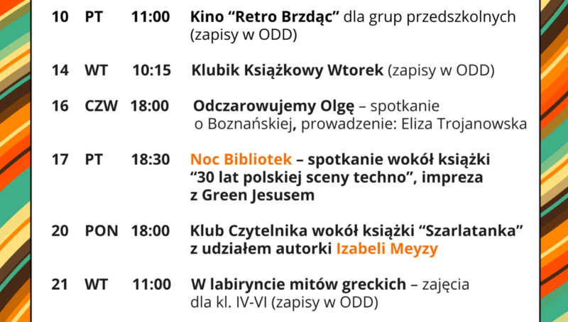 plakat informujący o wydarzeniach kulturalnych w bibliotece w październiku. Dookoła tekstu ramka w jesiennych kolorach