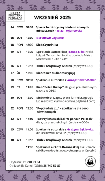 plakat z informacjami o wydarzeniach we wrześniu w bibliotece