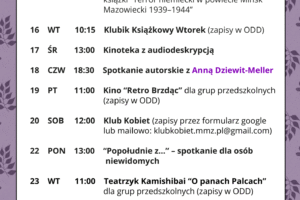 plakat prezentujący wydarzenia kulturalne w bibliotece we wrześniu