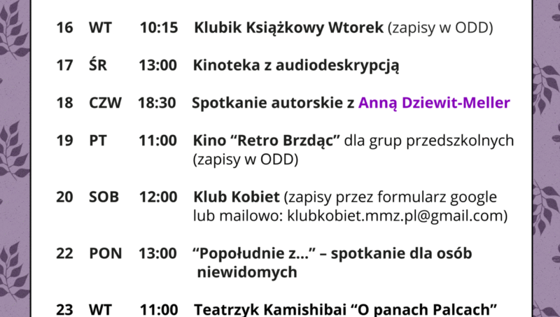 plakat prezentujący wydarzenia kulturalne w bibliotece we wrześniu