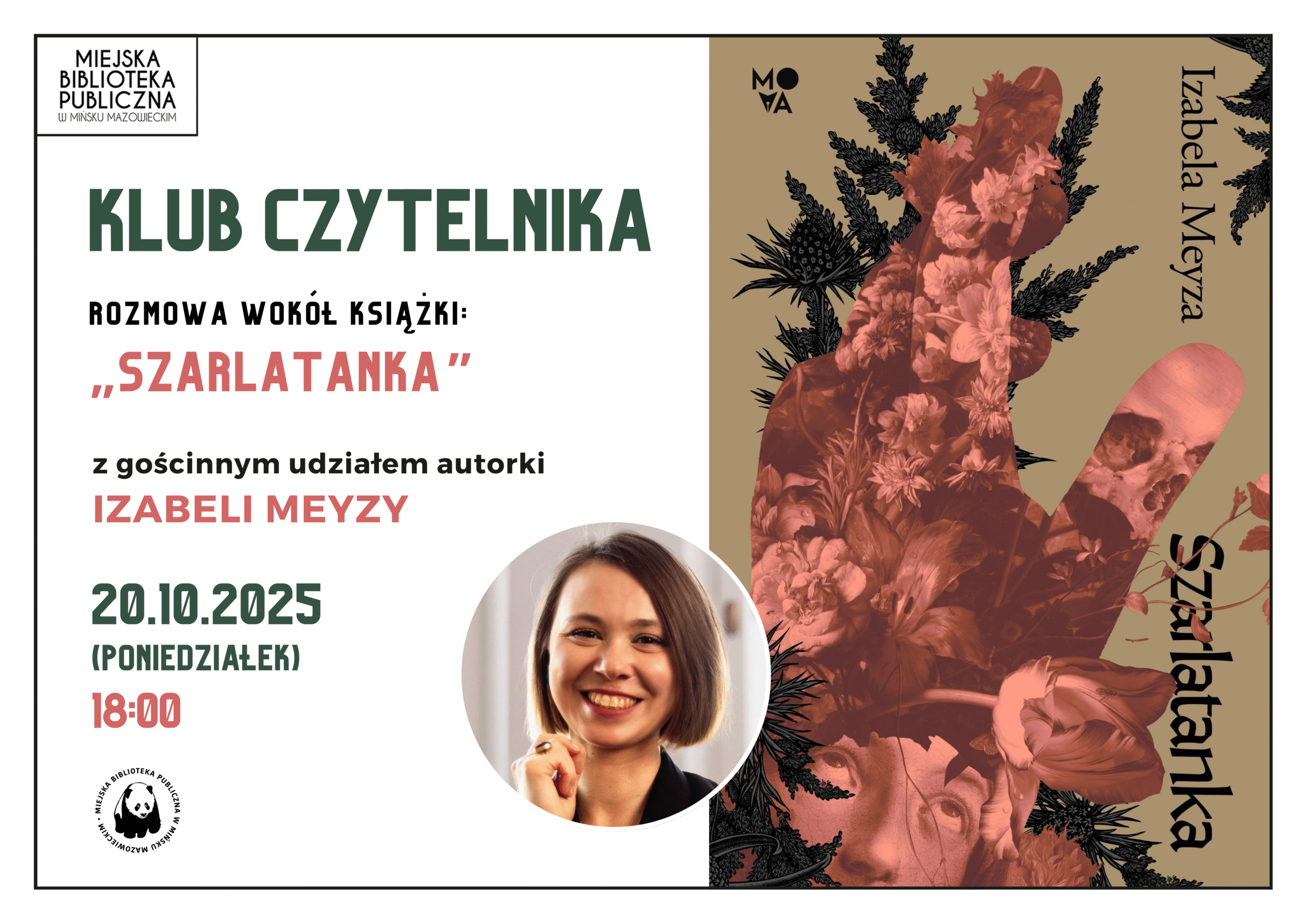 Zapraszamy na klub Czytelnika 20 października o godzinie 18! Spotkanie wokół książki Szarlatanka z gościnnym udziałem autorki. Plakat przedstawia grafikę z okładka książki oraz datę i godzinę spotkania.
