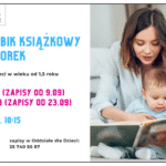 plakat promujący Klubik Książkowy Wtorek. Po lewej informacje o najbliższych spotkaniach. Po prawej zdjęcie kobiety czytającej książkę małemu dziecku.