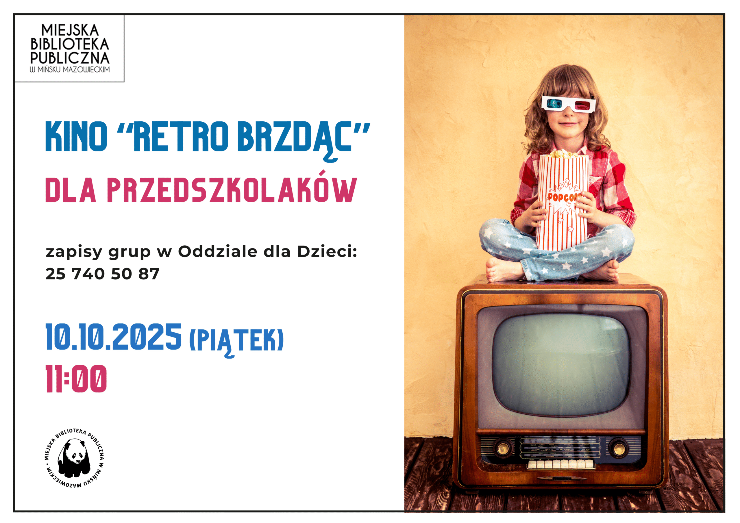 Zapraszamy grupy przedszkole do zapisów na kinotekę "Retro Brzdąc" 10 października o 11:00. Plakat zawiera grafikę dziecka siedzącego na retro telewizorze oraz informację o dacie i godzinie wydarzenia.