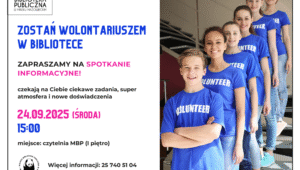 plakat informacyjny dotyczący spotkania dla wolontariuszy, po lewej stronie szczegóły spotkania, po prawej zdjęcie przedstawiające cztery młode osoby w koszulkach "volunteer"