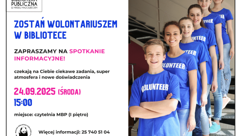plakat informacyjny dotyczący spotkania dla wolontariuszy, po lewej stronie szczegóły spotkania, po prawej zdjęcie przedstawiające cztery młode osoby w koszulkach "volunteer"