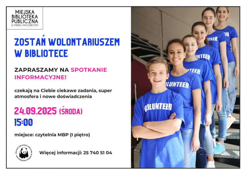 plakat informacyjny dotyczący spotkania dla wolontariuszy, po lewej stronie szczegóły spotkania, po prawej zdjęcie przedstawiające cztery młode osoby w koszulkach "volunteer"
