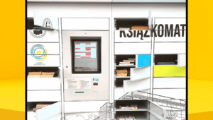 grafika przedstawiająca książkomat, na górze zamieszczony napis: książkomat przepełniony