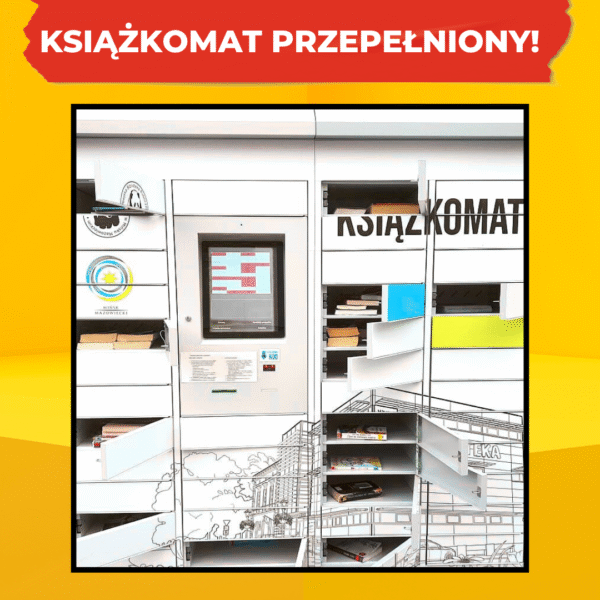 grafika przedstawiająca książkomat, na górze zamieszczony napis: książkomat przepełniony