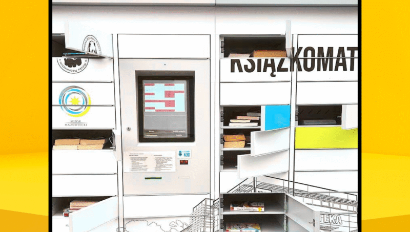 grafika przedstawiająca książkomat, na górze zamieszczony napis: książkomat przepełniony