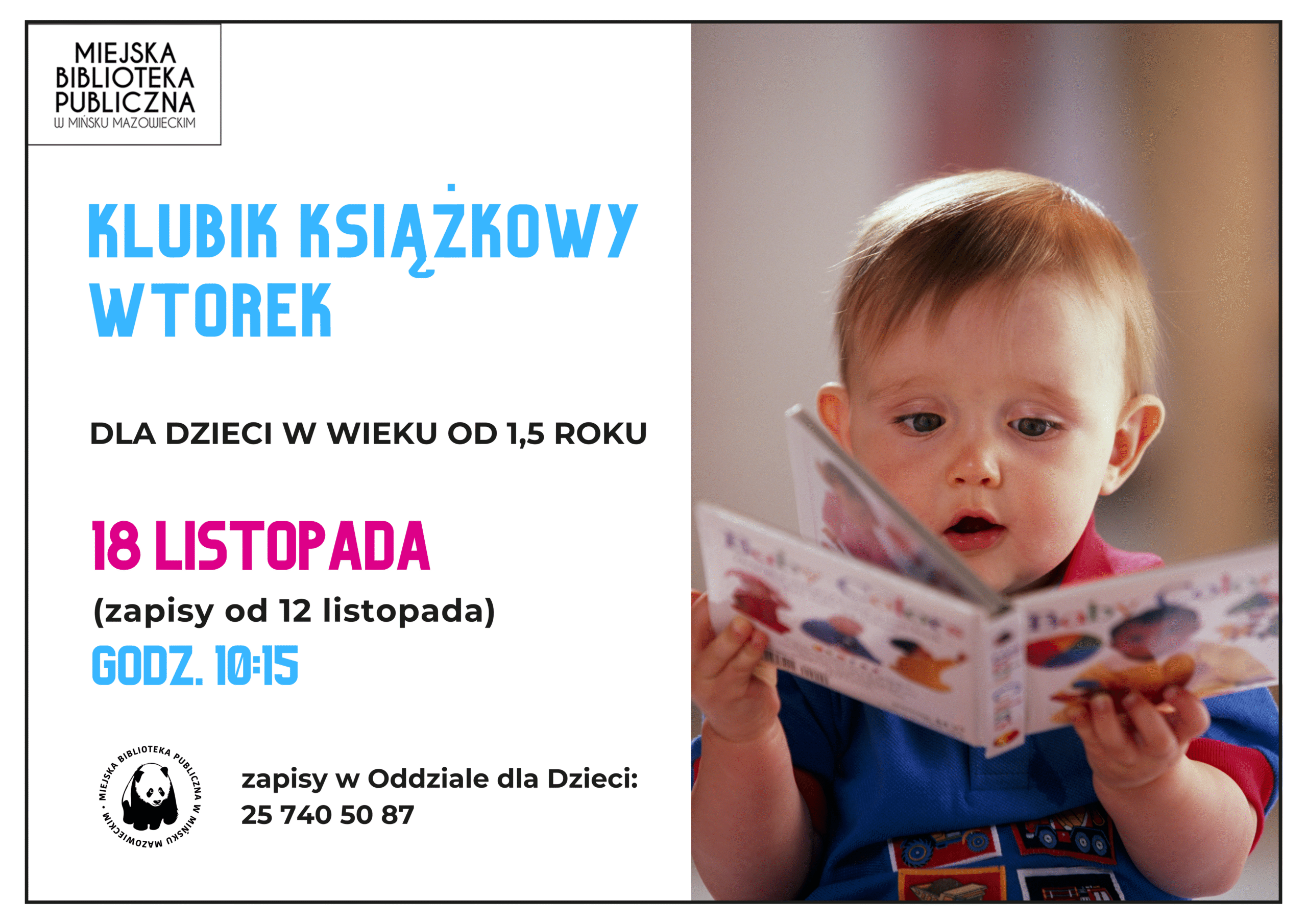 Klubik Książkowy Wtorek zapisy w oddziale dla dzieci dnia 18 listopada o godzinie 10:15