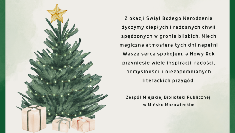 grafika z życzeniami z okazji Bożego Narodzenia: po lewej stronie choinka, po prawej tekst życzeń