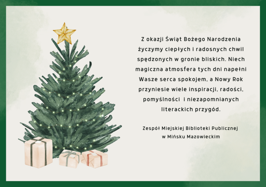 grafika z życzeniami z okazji Bożego Narodzenia: po lewej stronie choinka, po prawej tekst życzeń