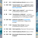 LUTY 2026 ☃️ 👨🦯 04.02 (środa), 13:00 “Popołudnie z...” – spotkanie dla osób z niepełnosprawnością wzroku 🧸 10.02 (wtorek), 10:15 Klubik Książkowy Wtorek (zapisy w ODD) 🎨 12.02 (czwartek), 18:30 SSztuka Kobiet vol. 1: Tamara Łempicka - ikona czy iluzja?– spotkanie o życiu i sztuce artystki, prowadzenie: Eliza Trojanowska 👦 13.02 (piątek), 11:00 “Bajki z mchu i paproci” – zajęcia dla grup przedszkolnych (zapisy w ODD) 👮♀️ 18.02 (środa), 11:00 “Zawodowiec w Oddziale” – spotkanie z przedstawicielem ciekawej profesji dla grup przedszkolnych i kl. I-III SP (zapisy w ODD) 📚 19.02 (czwartek), 18:30 SSpotkanie autorskie z Krzysztofem Renikiemwokół książki “Religie, które przeżyły” 📽️ 20.02 (piątek), 11:00 Kinoteka “Retro Brzdąc” dla grup przedszkolnych (zapisy w ODD) 📖 23.02 (poniedziałek), 18:00 Klub Czytelnika (“Wyznanie” Minato Kanae) 🧸 24.02 (wtorek), 10:15 Klubik Książkowy Wtorek (zapisy w ODD) 📖 26.02 (czwartek), 17:00 Klub Książki Młodzieżowej “Książkowa Drużyna” 🗺️ 26.02 (czwartek), 18:30 Śladami Hordliczków. Polonizacja rodu – spotkanie z Anną Ogonowską i Krzysztofem Kotem 🔹 🔹 🔹 ☎️ Oddział dla Dzieci (ODD): 25 740 50 87