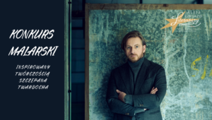 grafika promująca konkurs malarski inspirowany twórczością Szczepana Twardocha. Po prawej stronie zdjęcie Szczepana Twardocha i logo Alei Gwiazd Literatury. Po lewej napis: konkurs malarski inspirowany twórczością Szczepana Twardocha