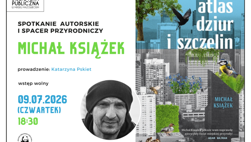 plakat promujący spotkanie autorskie z Michałem Książkiem