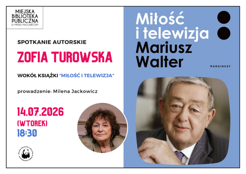 plakat promujący spotkanie autorskie z Zofią Turowską wokół książki "Miłość i telewizja"
